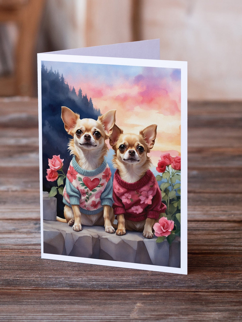 Chihuahua Two Hearts Greeting Cards Pack of 8 Blank Cards with Envelopes Whimsical A7 Size 5x7