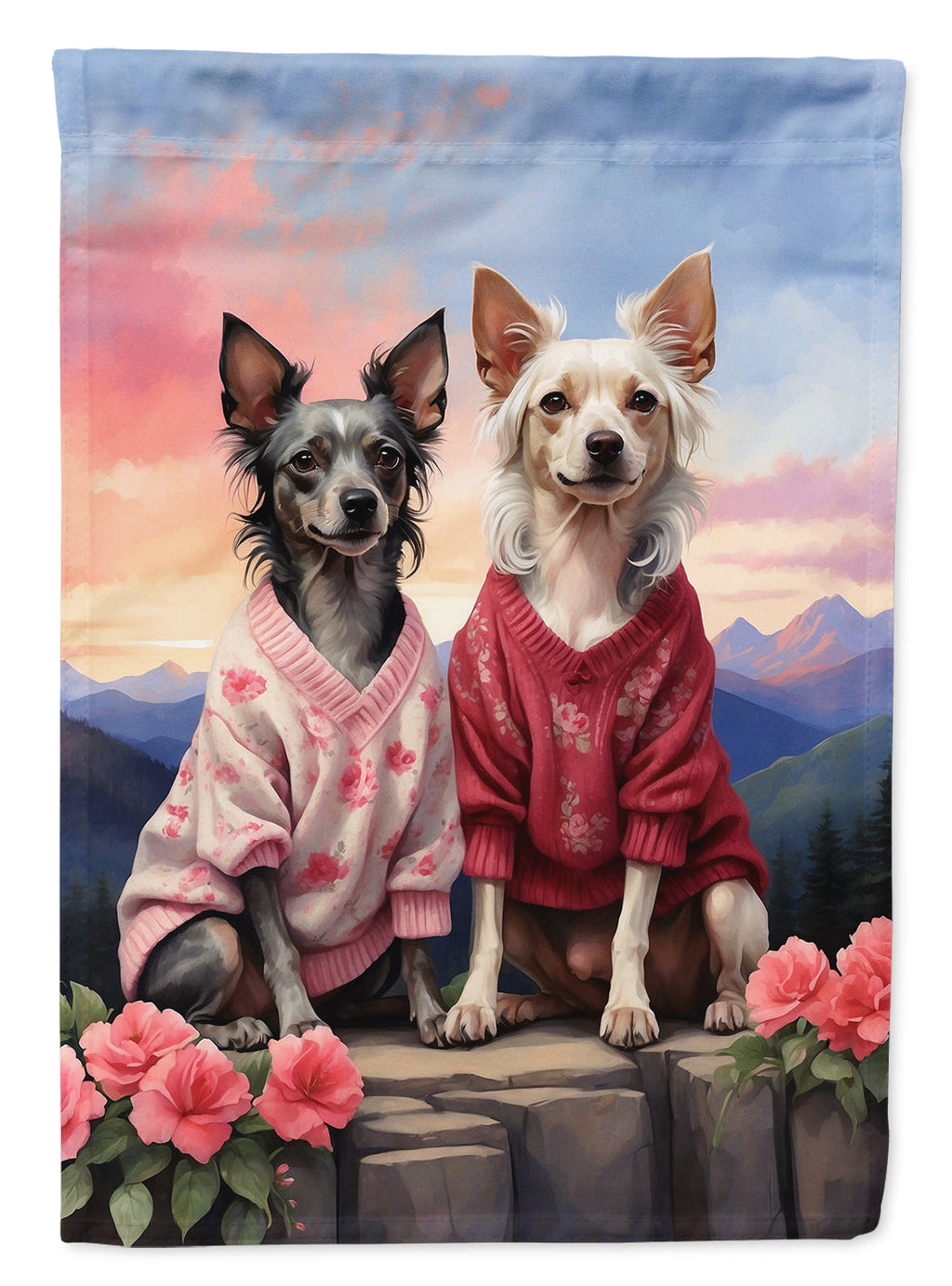 Chinese Crested Two Hearts House Flag 28x40 Porch Sleeve Pole Decorative Outside Yard Banner Artwork Wall Hanging, Polyester