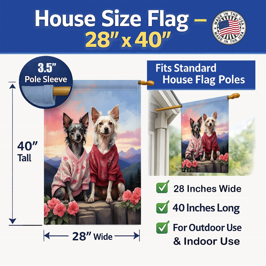 Chinese Crested Two Hearts House Flag 28x40 Porch Sleeve Pole Decorative Outside Yard Banner Artwork Wall Hanging, Polyester