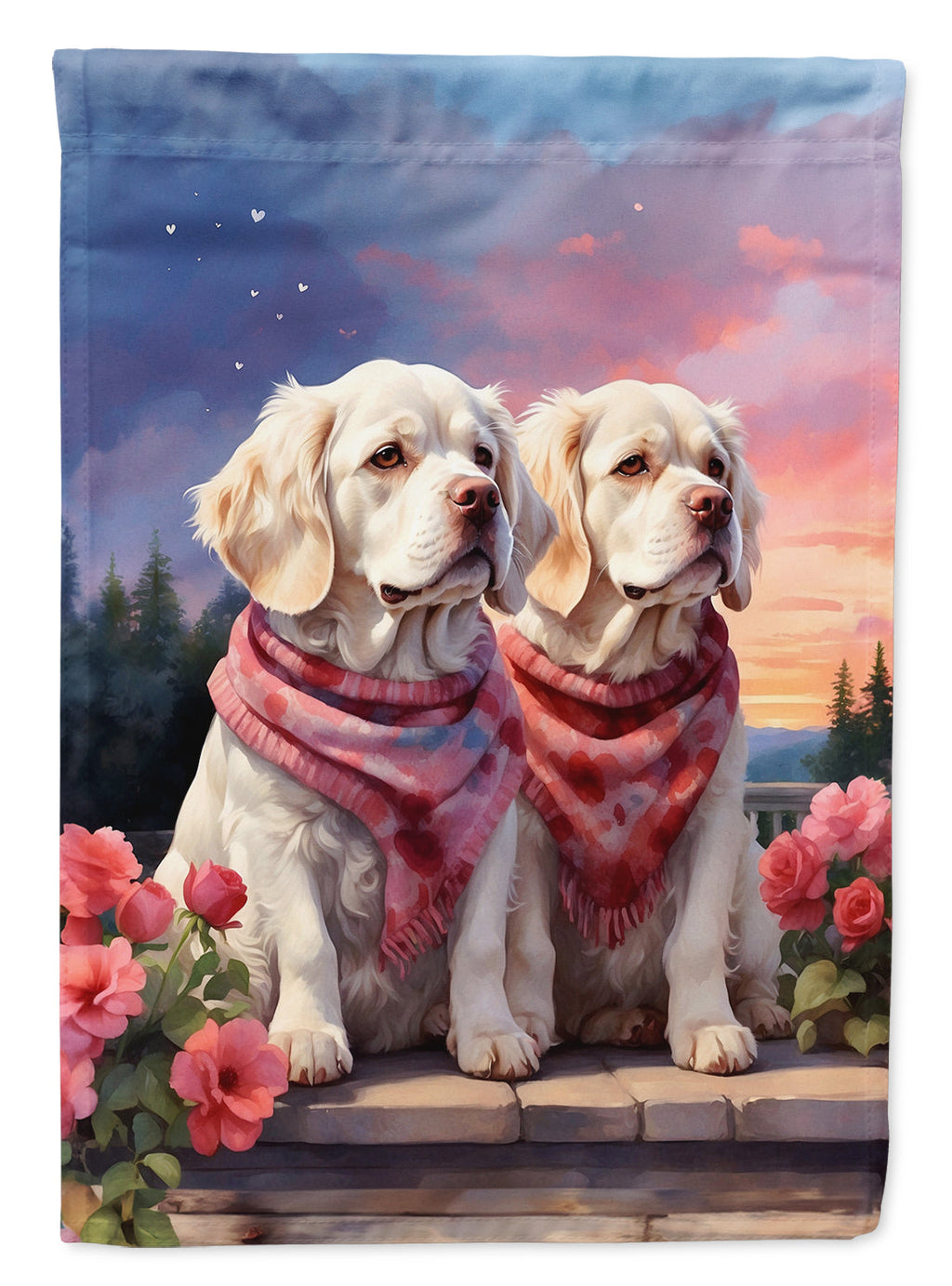 Clumber Spaniel Two Hearts House Flag 28x40 Porch Sleeve Pole Decorative Outside Yard Banner Artwork Wall Hanging, Polyester