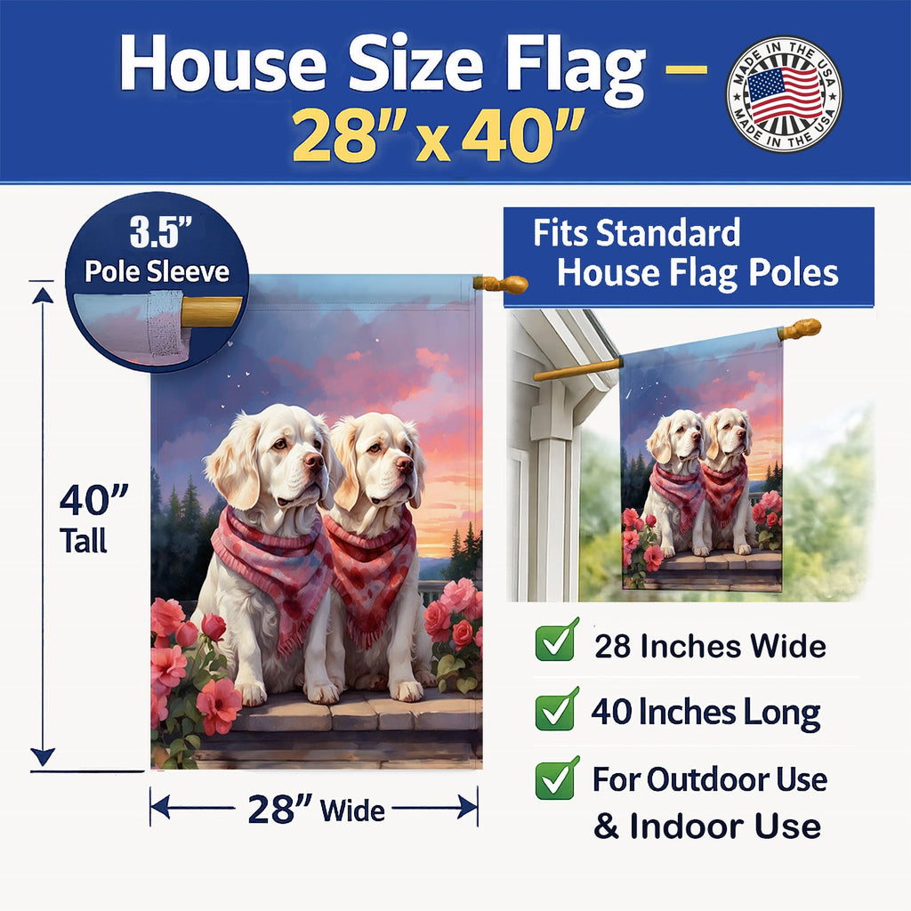 Clumber Spaniel Two Hearts House Flag 28x40 Porch Sleeve Pole Decorative Outside Yard Banner Artwork Wall Hanging, Polyester