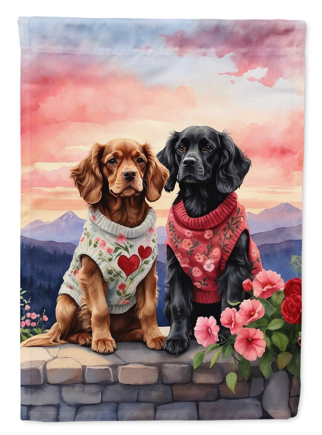 Cocker Spaniel Two Hearts House Flag 28x40 Porch Sleeve Pole Decorative Outside Yard Banner Artwork Wall Hanging, Polyester