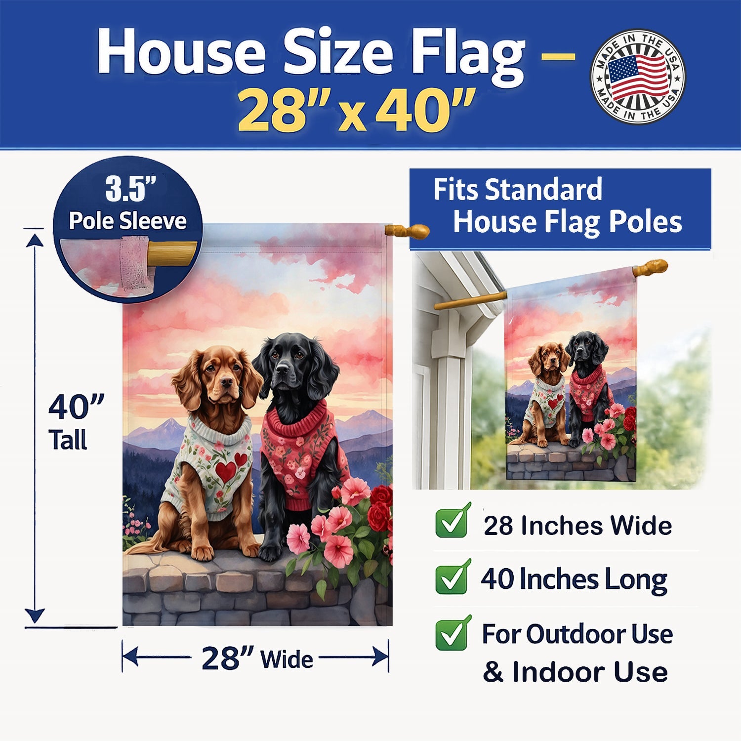 Cocker Spaniel Two Hearts House Flag 28x40 Porch Sleeve Pole Decorative Outside Yard Banner Artwork Wall Hanging, Polyester