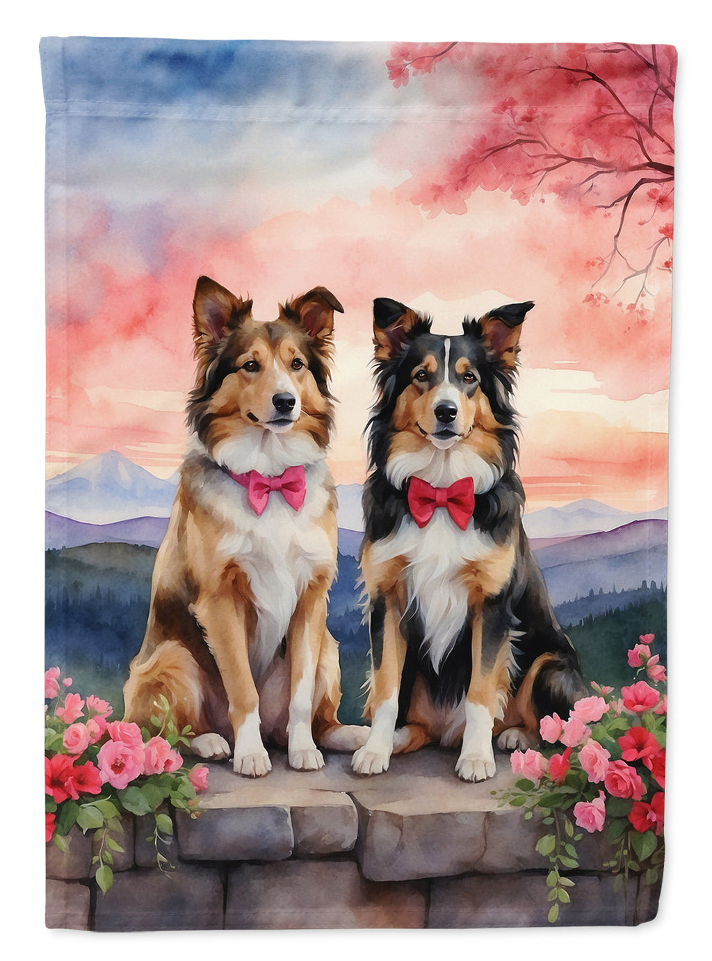 Collie Two Hearts House Flag 28x40 Porch Sleeve Pole Decorative Outside Yard Banner Artwork Wall Hanging, Polyester