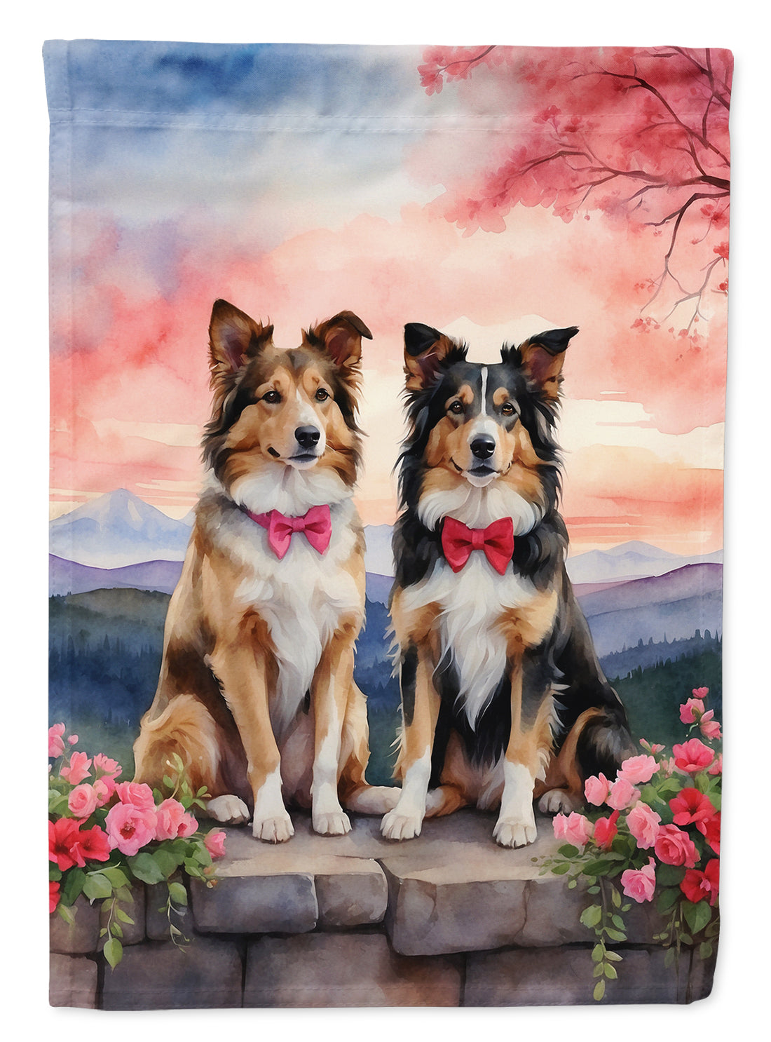 Collie Two Hearts House Flag 28x40 Porch Sleeve Pole Decorative Outside Yard Banner Artwork Wall Hanging, Polyester