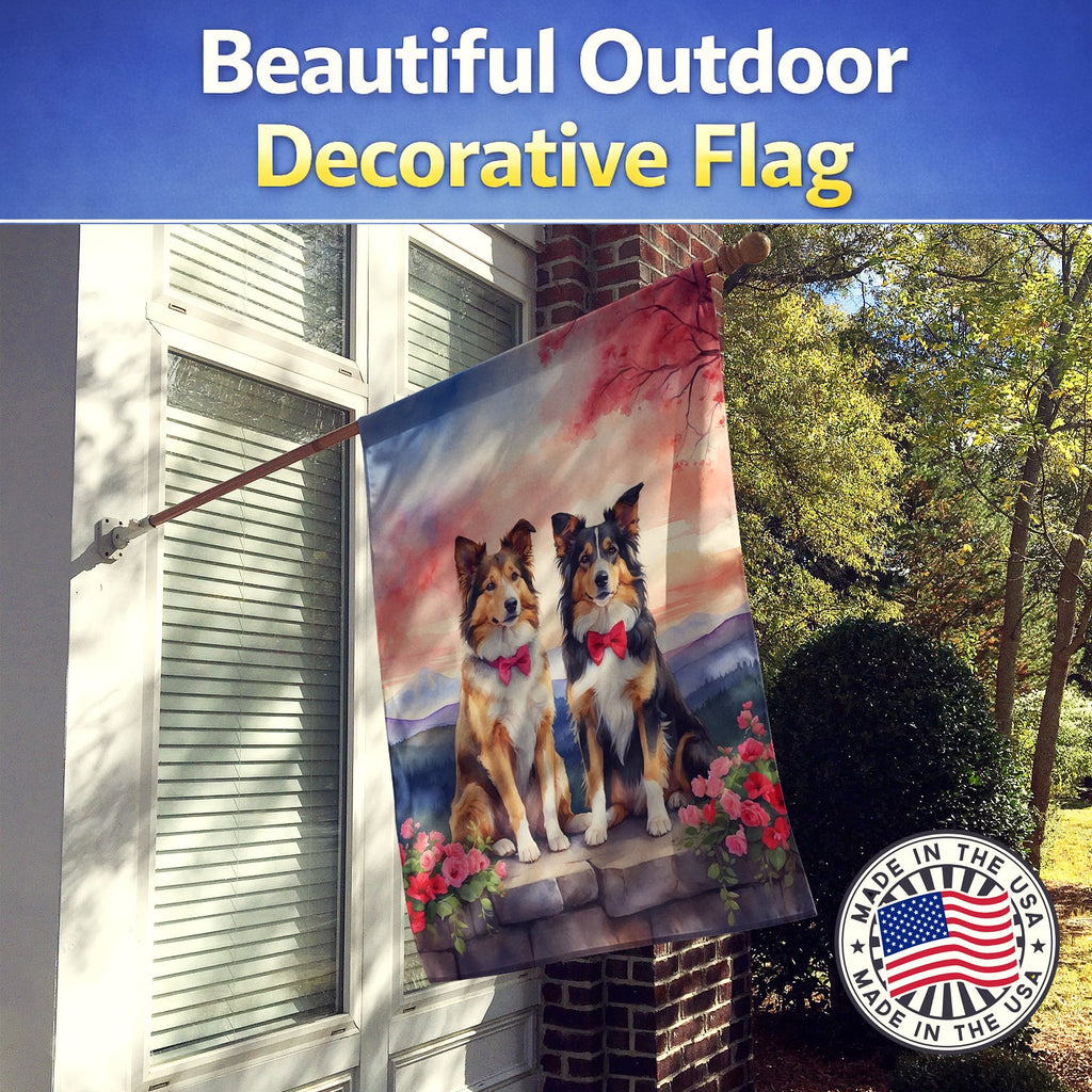 Collie Two Hearts House Flag 28x40 Porch Sleeve Pole Decorative Outside Yard Banner Artwork Wall Hanging, Polyester