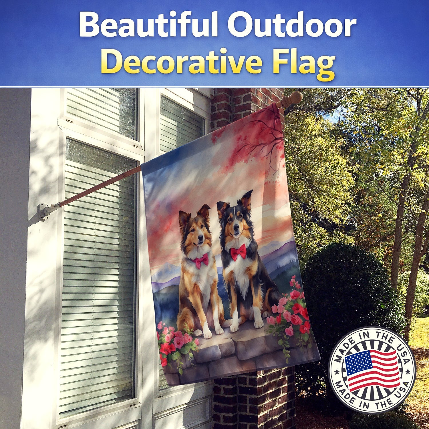 Collie Two Hearts House Flag 28x40 Porch Sleeve Pole Decorative Outside Yard Banner Artwork Wall Hanging, Polyester