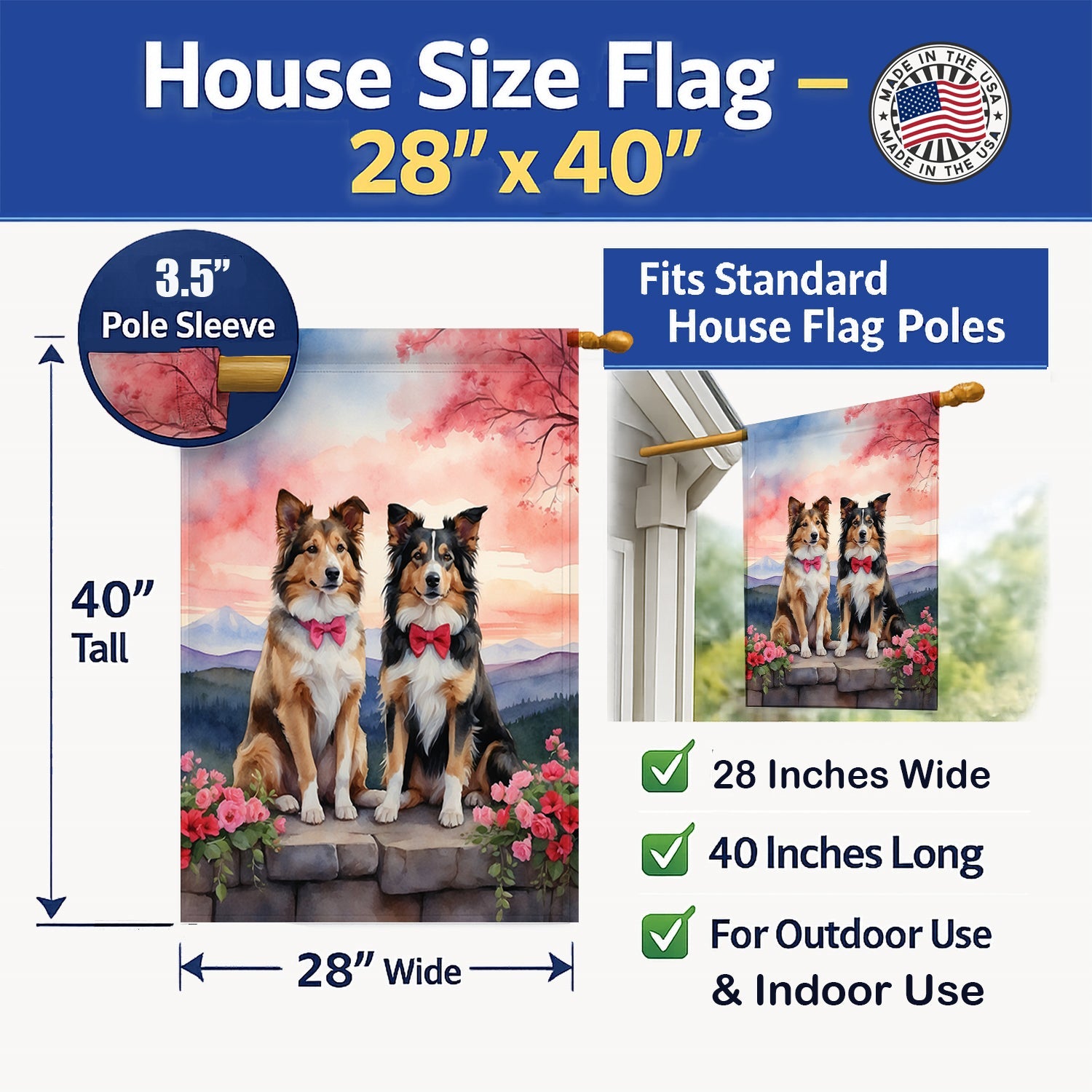 Collie Two Hearts House Flag 28x40 Porch Sleeve Pole Decorative Outside Yard Banner Artwork Wall Hanging, Polyester