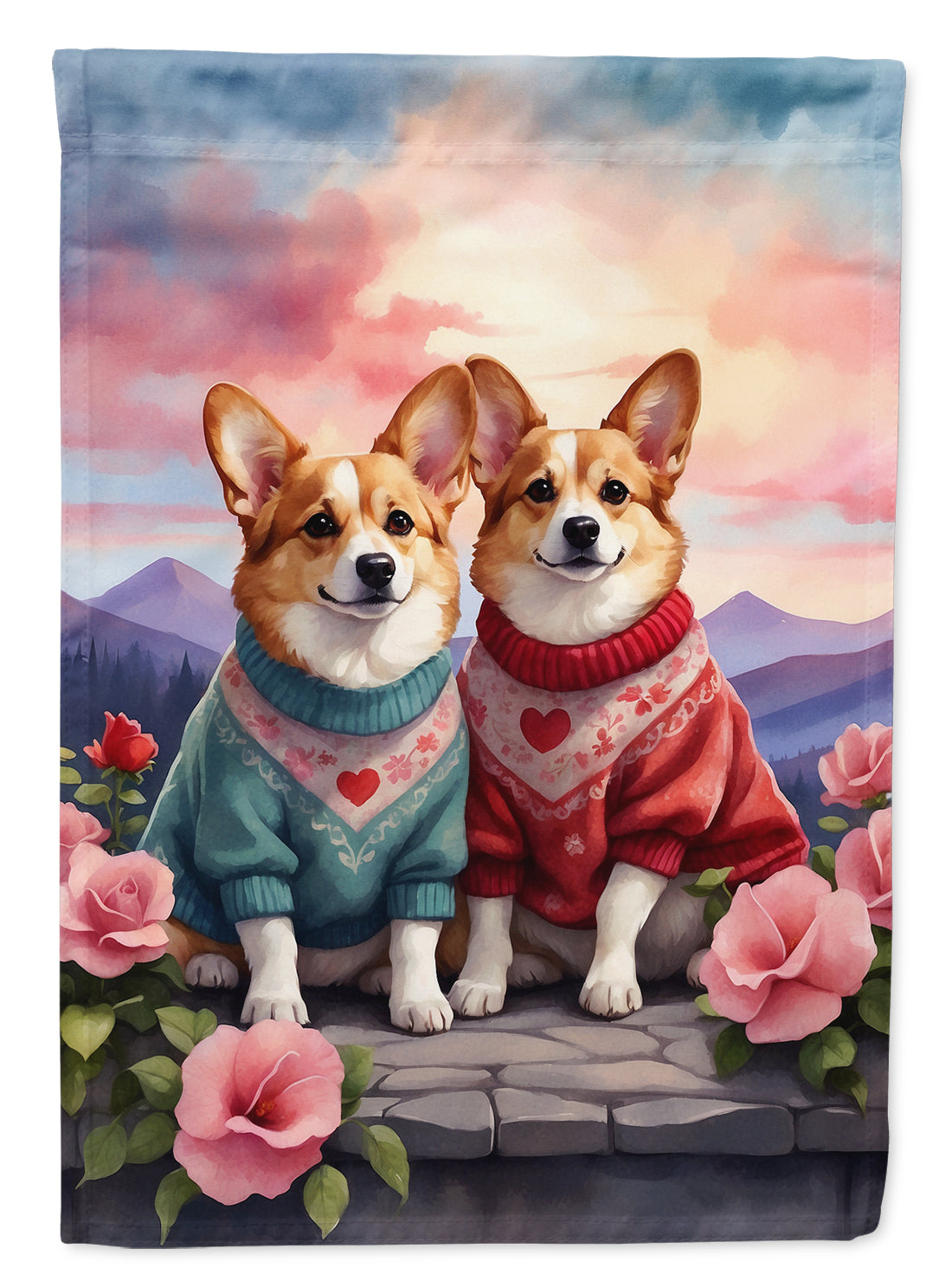 Corgi Two Hearts House Flag 28x40 Porch Sleeve Pole Decorative Outside Yard Banner Artwork Wall Hanging, Polyester