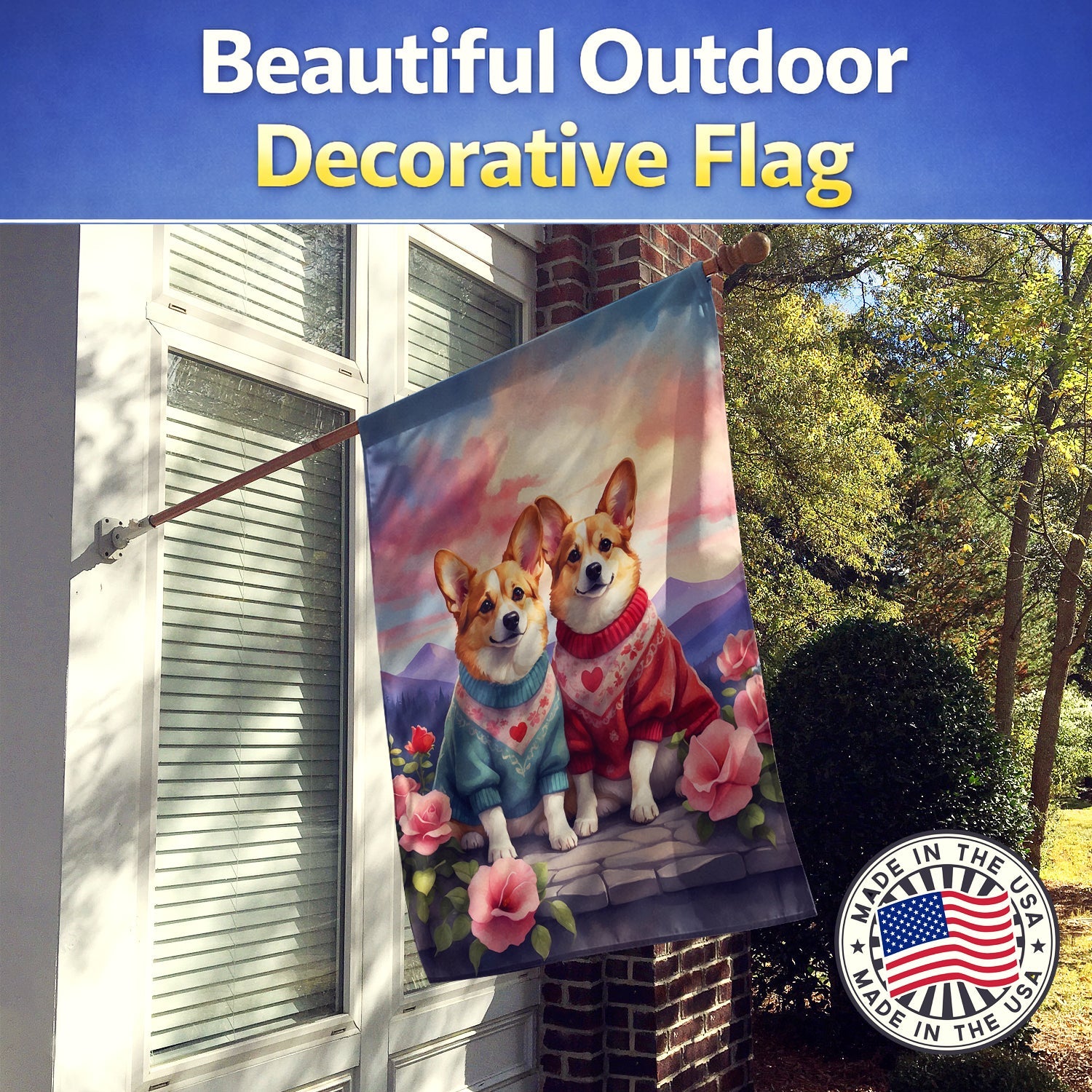 Corgi Two Hearts House Flag 28x40 Porch Sleeve Pole Decorative Outside Yard Banner Artwork Wall Hanging, Polyester