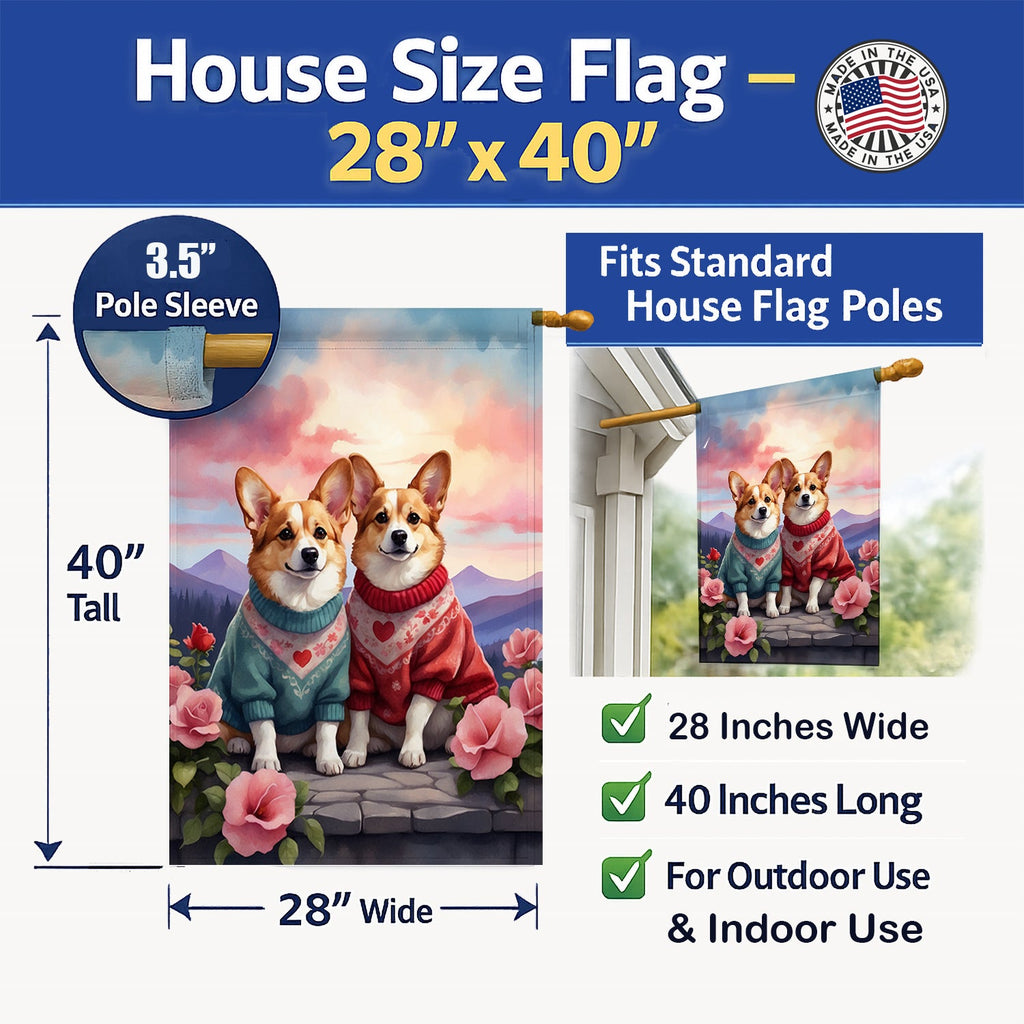 Corgi Two Hearts House Flag 28x40 Porch Sleeve Pole Decorative Outside Yard Banner Artwork Wall Hanging, Polyester