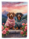 Dachshund Two Hearts House Flag 28x40 Porch Sleeve Pole Decorative Outside Yard Banner Artwork Wall Hanging, Polyester