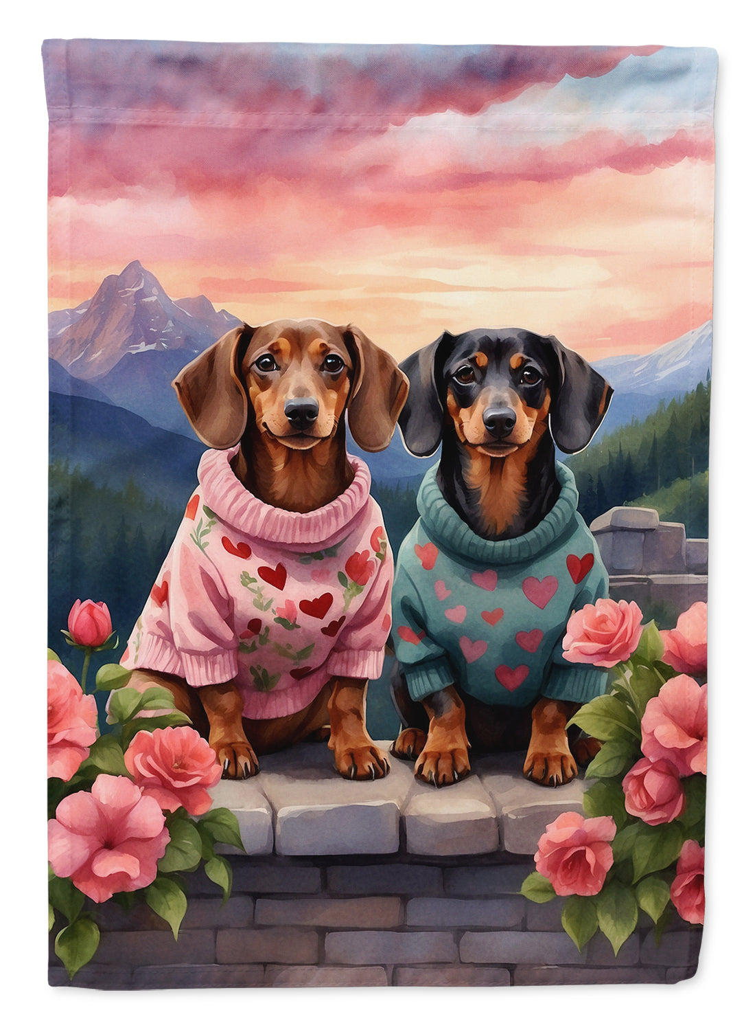 Dachshund Two Hearts House Flag 28x40 Porch Sleeve Pole Decorative Outside Yard Banner Artwork Wall Hanging, Polyester