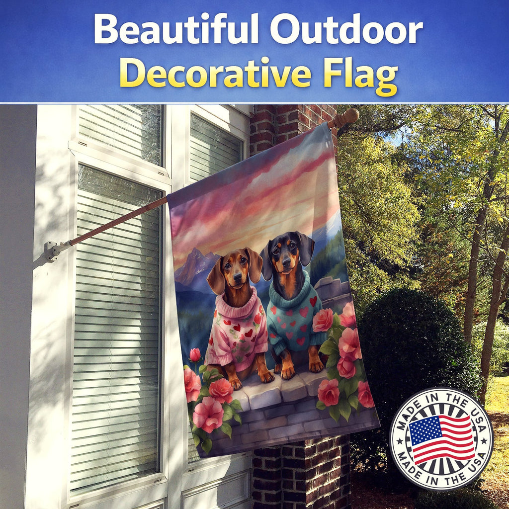 Dachshund Two Hearts House Flag 28x40 Porch Sleeve Pole Decorative Outside Yard Banner Artwork Wall Hanging, Polyester