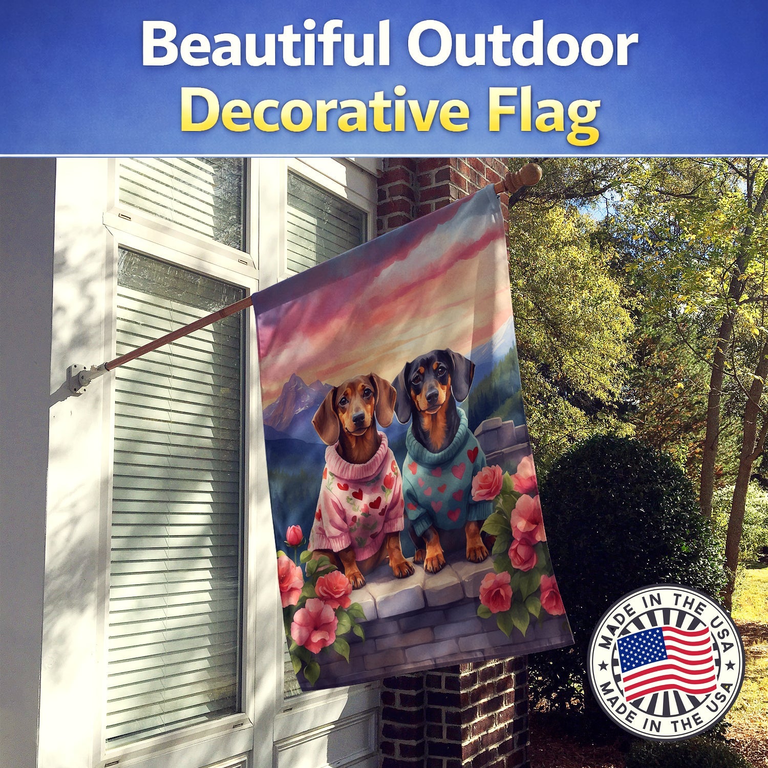 Dachshund Two Hearts House Flag 28x40 Porch Sleeve Pole Decorative Outside Yard Banner Artwork Wall Hanging, Polyester