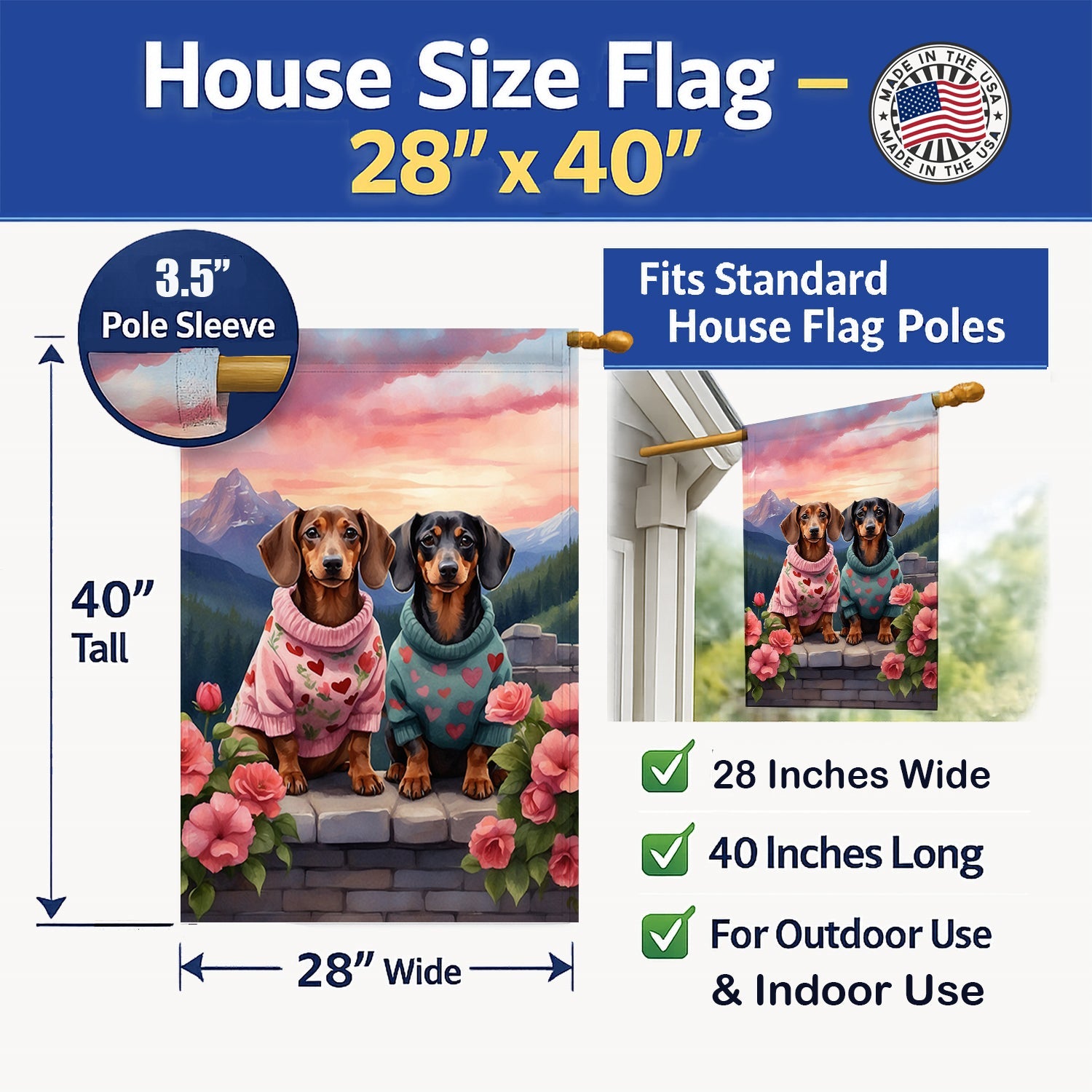 Dachshund Two Hearts House Flag 28x40 Porch Sleeve Pole Decorative Outside Yard Banner Artwork Wall Hanging, Polyester