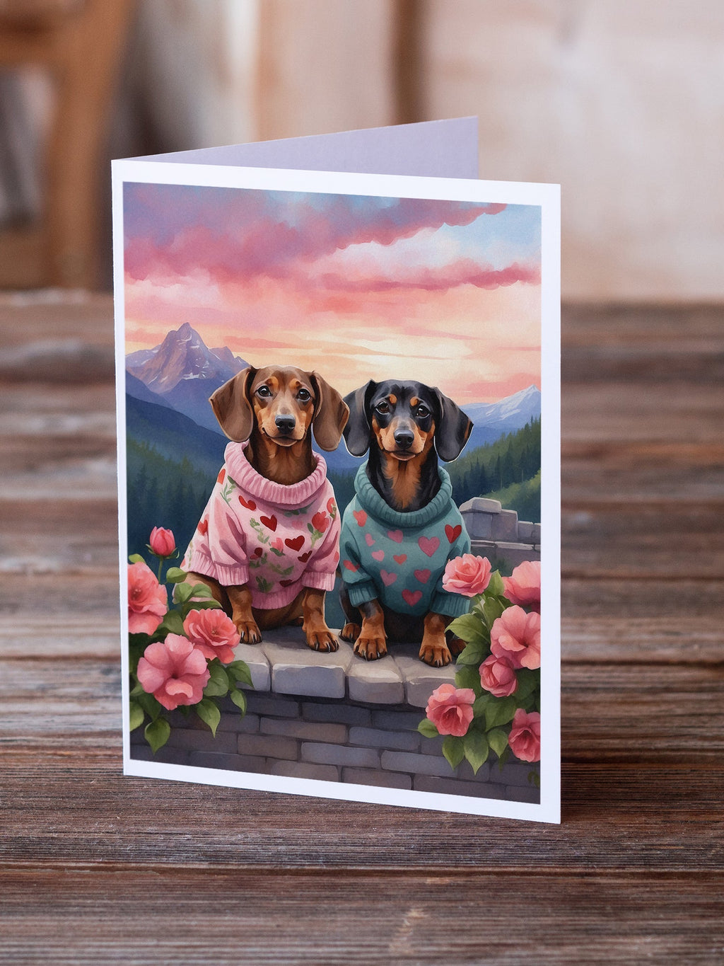 Dachshund Two Hearts Greeting Cards Pack of 8 Blank Cards with Envelopes Whimsical A7 Size 5x7