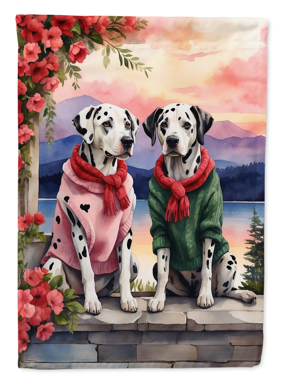 Dalmatian Two Hearts House Flag 28x40 Porch Sleeve Pole Decorative Outside Yard Banner Artwork Wall Hanging, Polyester