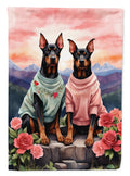 Doberman Pinscher Two Hearts House Flag 28x40 Porch Sleeve Pole Decorative Outside Yard Banner Artwork Wall Hanging, Polyester