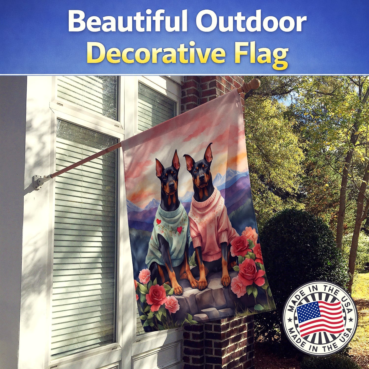 Doberman Pinscher Two Hearts House Flag 28x40 Porch Sleeve Pole Decorative Outside Yard Banner Artwork Wall Hanging, Polyester