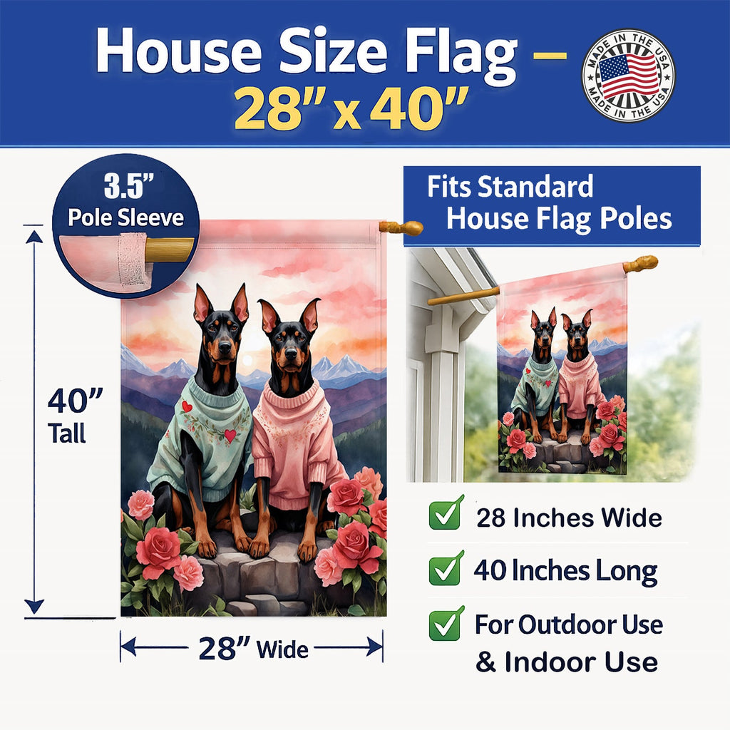 Doberman Pinscher Two Hearts House Flag 28x40 Porch Sleeve Pole Decorative Outside Yard Banner Artwork Wall Hanging, Polyester