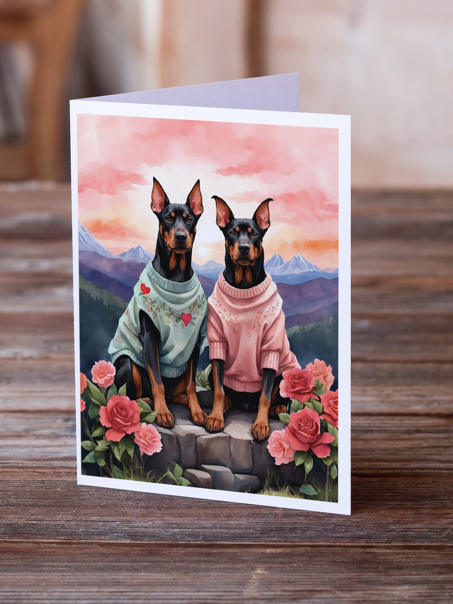 Doberman Pinscher Two Hearts Greeting Cards Pack of 8 Blank Cards with Envelopes Whimsical A7 Size 5x7
