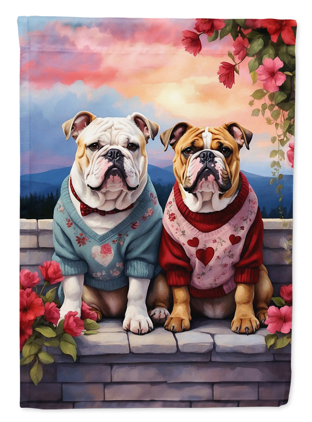 English Bulldog Two Hearts House Flag 28x40 Porch Sleeve Pole Decorative Outside Yard Banner Artwork Wall Hanging, Polyester