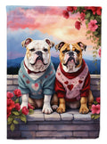 English Bulldog Two Hearts House Flag 28x40 Porch Sleeve Pole Decorative Outside Yard Banner Artwork Wall Hanging, Polyester