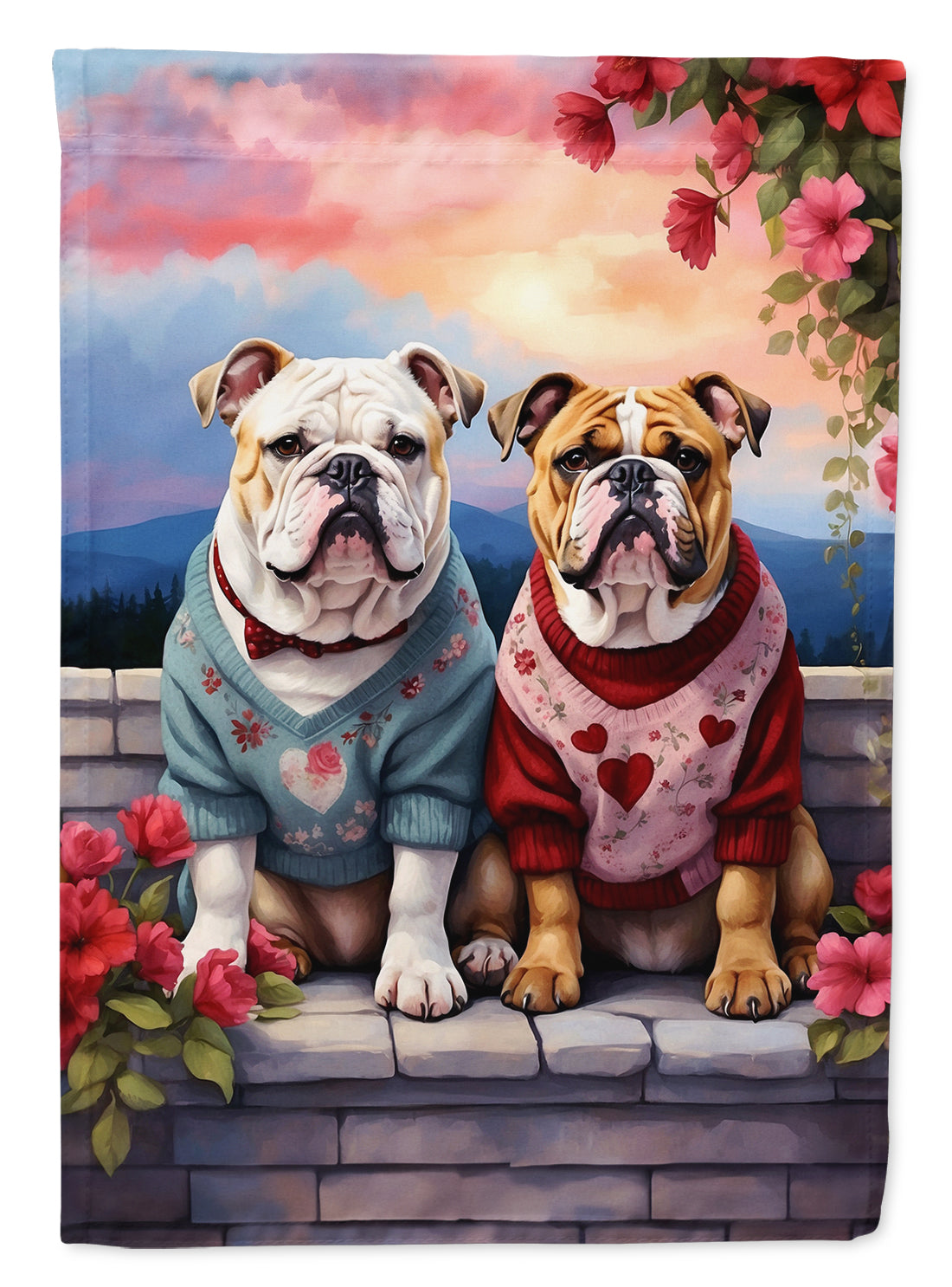 English Bulldog Two Hearts House Flag 28x40 Porch Sleeve Pole Decorative Outside Yard Banner Artwork Wall Hanging, Polyester