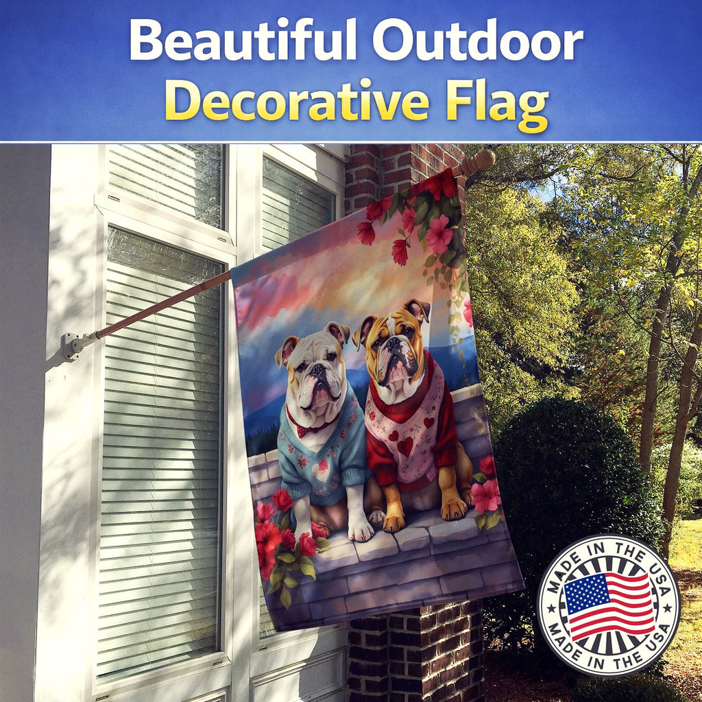 English Bulldog Two Hearts House Flag 28x40 Porch Sleeve Pole Decorative Outside Yard Banner Artwork Wall Hanging, Polyester