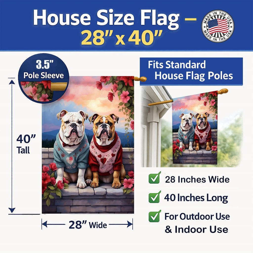 English Bulldog Two Hearts House Flag 28x40 Porch Sleeve Pole Decorative Outside Yard Banner Artwork Wall Hanging, Polyester