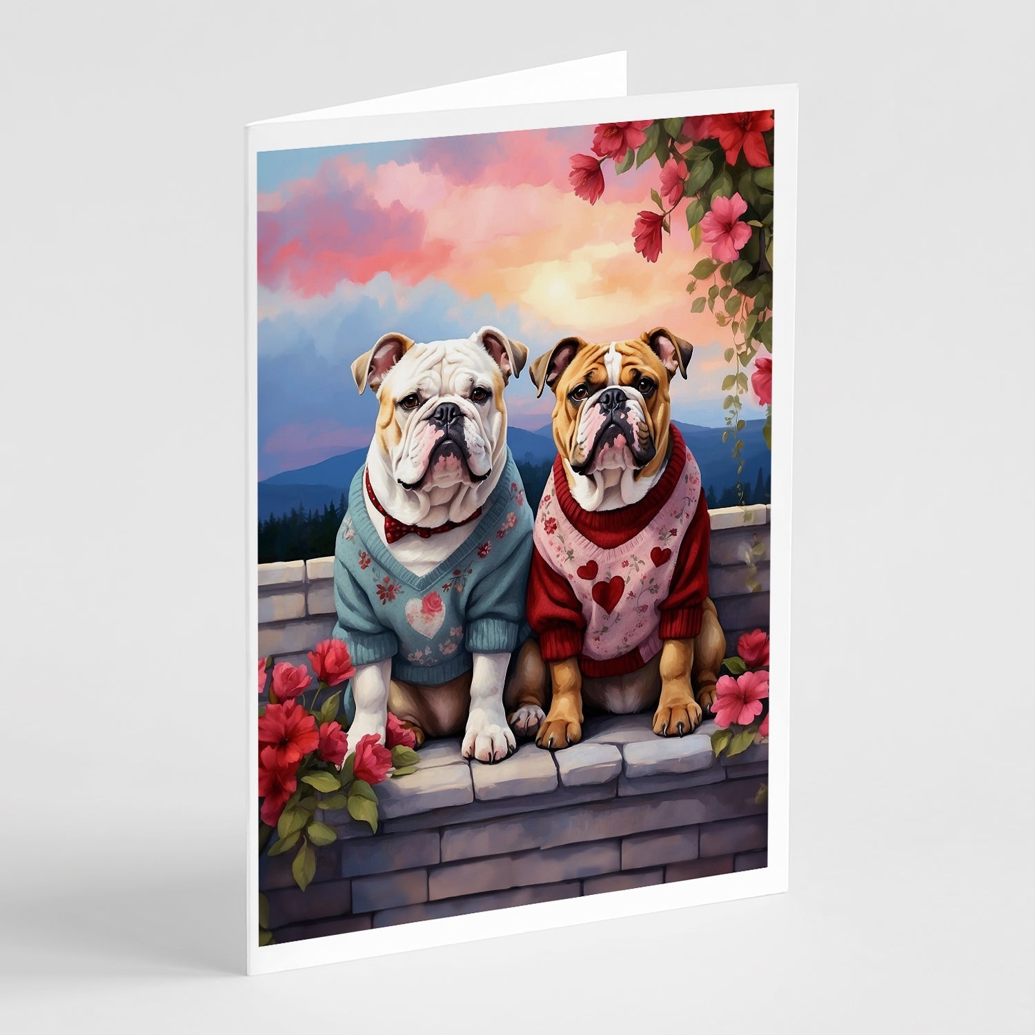 English Bulldog Two Hearts Greeting Cards Pack of 8 Blank Cards with Envelopes Whimsical A7 Size 5x7