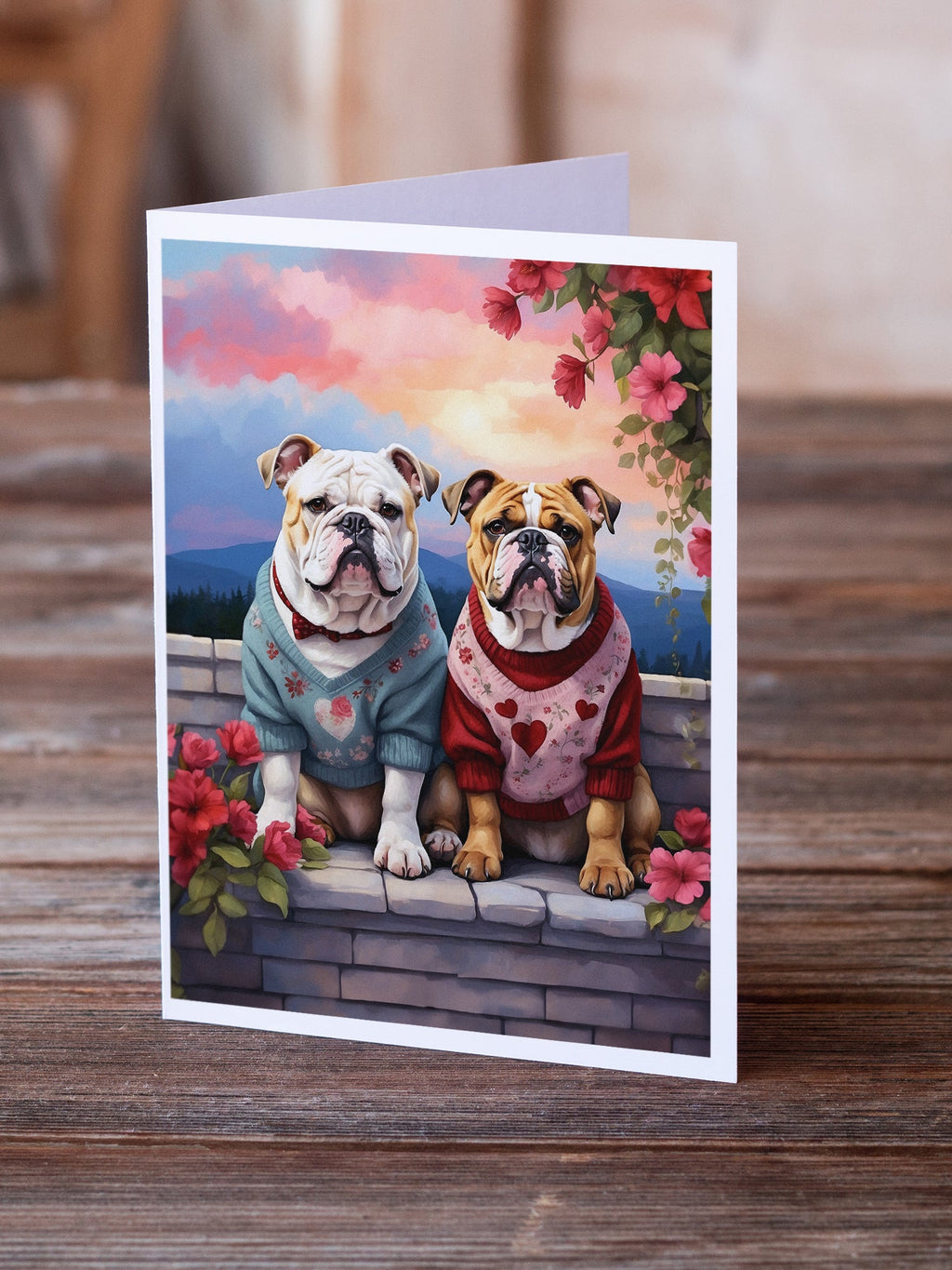 English Bulldog Two Hearts Greeting Cards Pack of 8 Blank Cards with Envelopes Whimsical A7 Size 5x7