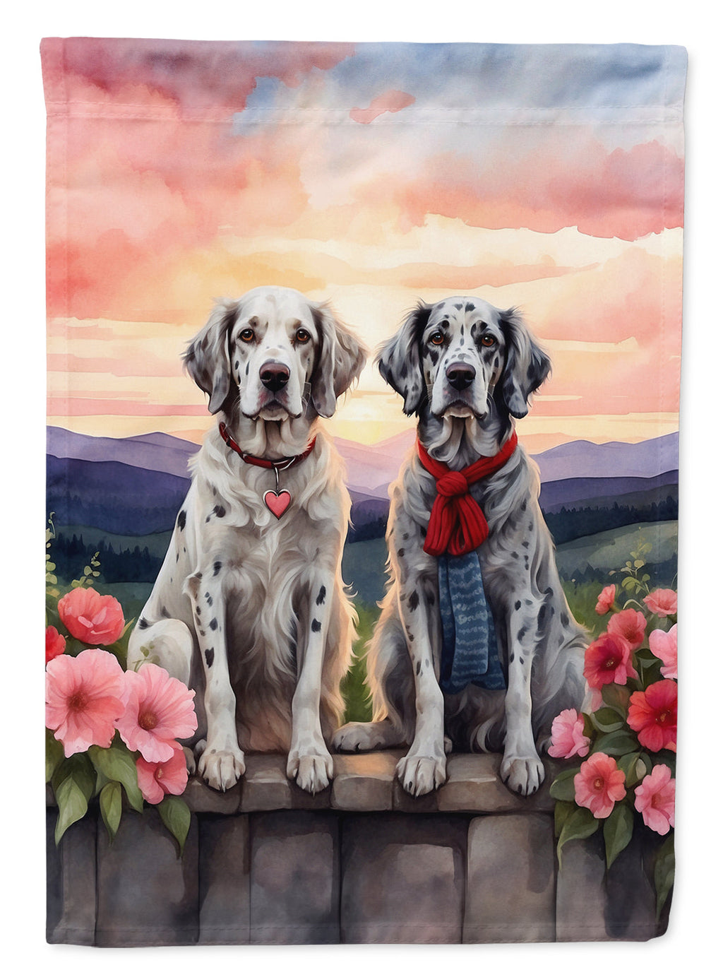 English Setter Two Hearts House Flag 28x40 Porch Sleeve Pole Decorative Outside Yard Banner Artwork Wall Hanging, Polyester