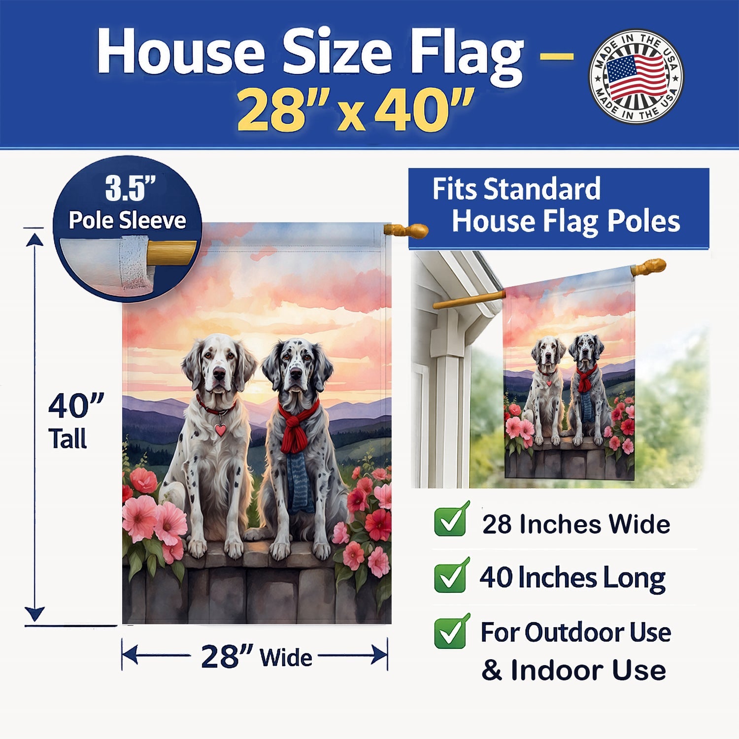 English Setter Two Hearts House Flag 28x40 Porch Sleeve Pole Decorative Outside Yard Banner Artwork Wall Hanging, Polyester