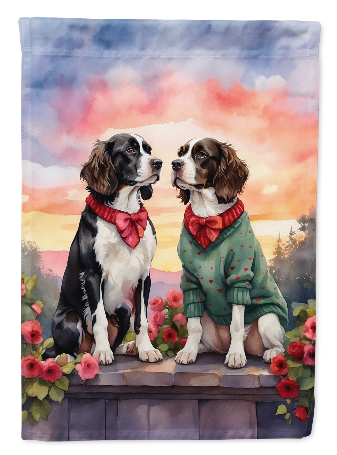 English Springer Spaniel Two Hearts House Flag 28x40 Porch Sleeve Pole Decorative Outside Yard Banner Artwork Wall Hanging, Polyester