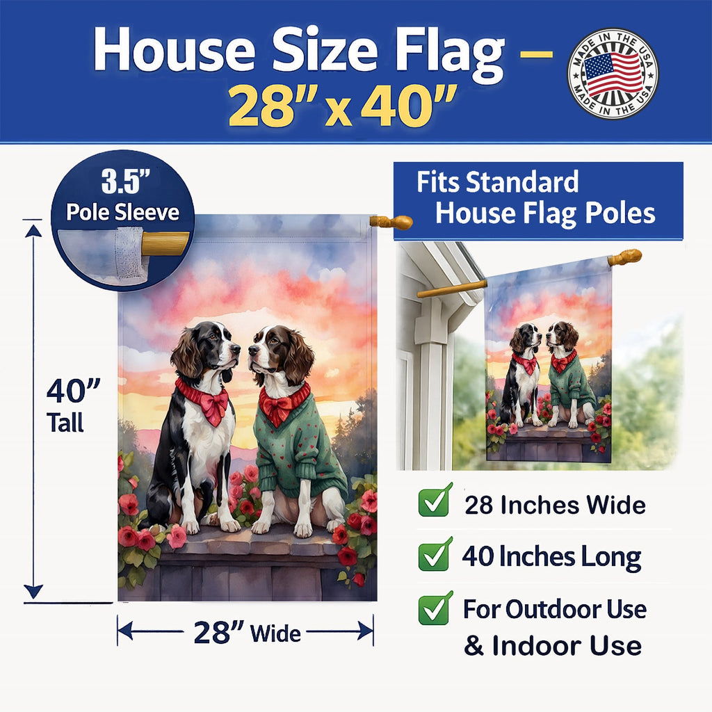 English Springer Spaniel Two Hearts House Flag 28x40 Porch Sleeve Pole Decorative Outside Yard Banner Artwork Wall Hanging, Polyester