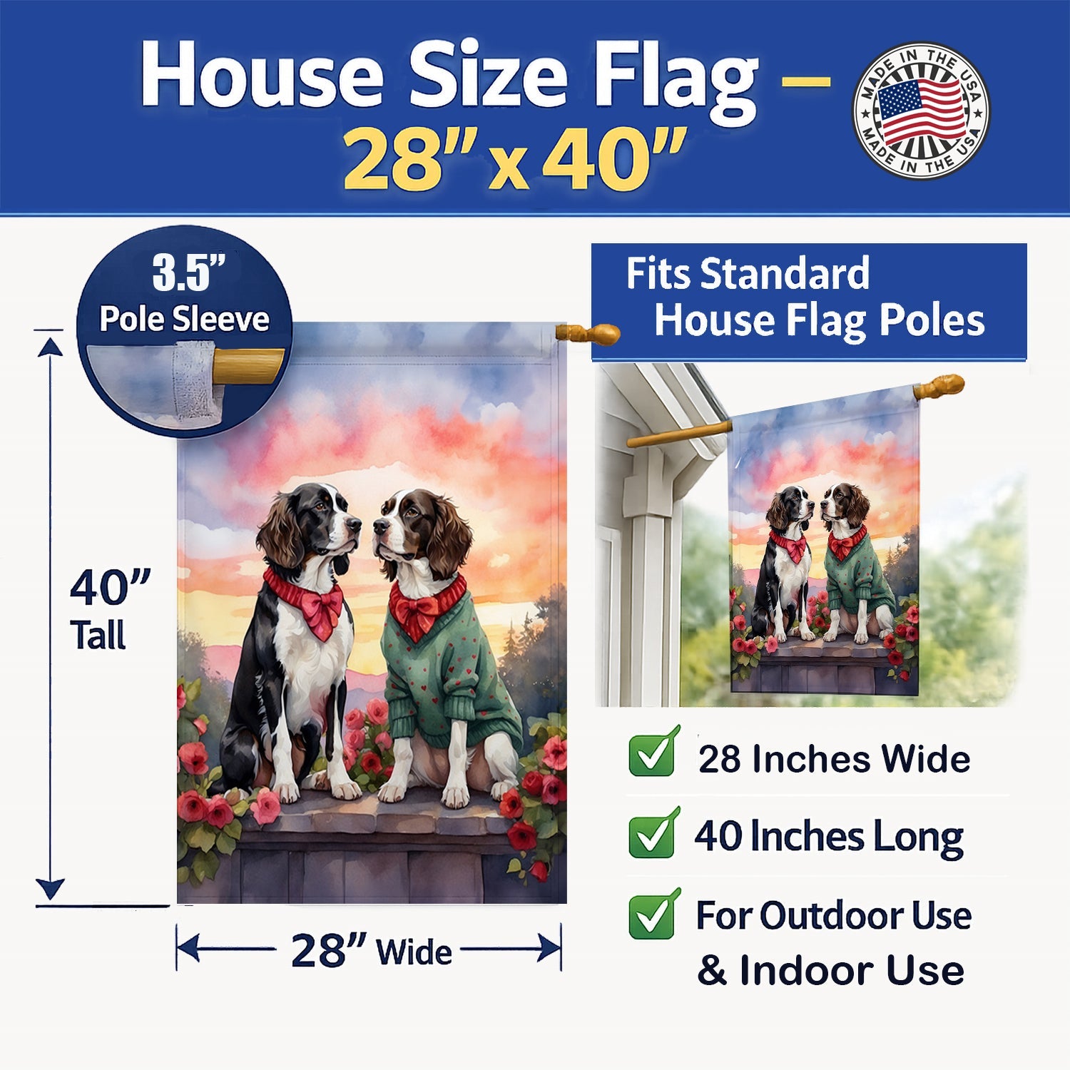 English Springer Spaniel Two Hearts House Flag 28x40 Porch Sleeve Pole Decorative Outside Yard Banner Artwork Wall Hanging, Polyester