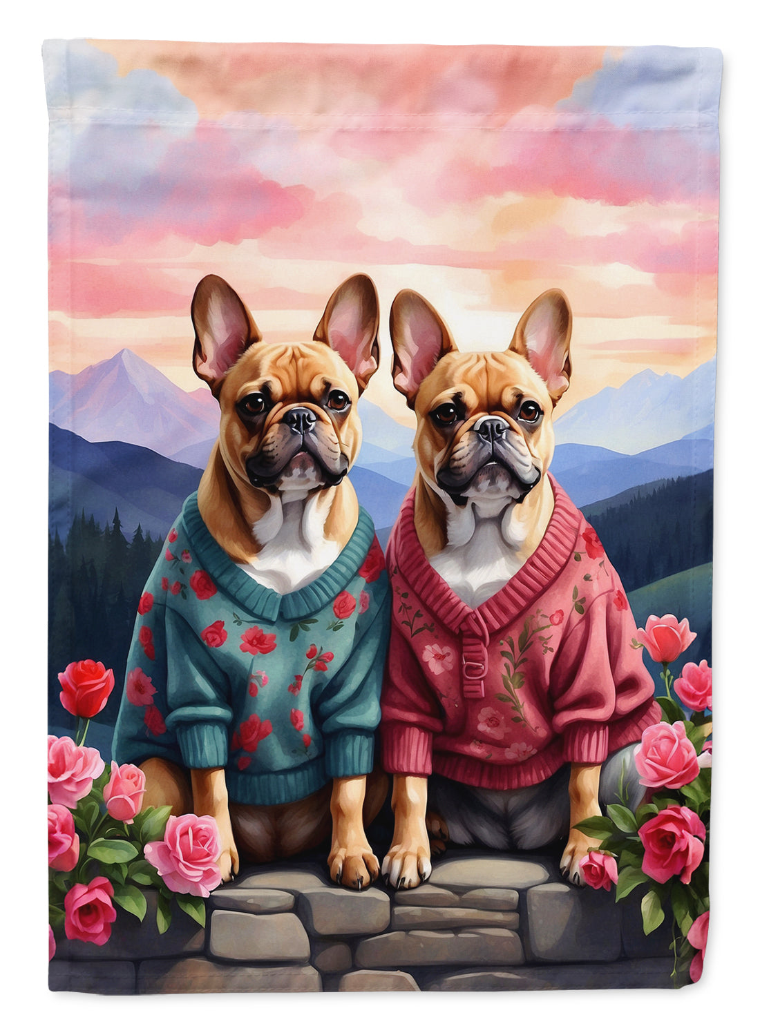 French Bulldog Two Hearts House Flag 28x40 Porch Sleeve Pole Decorative Outside Yard Banner Artwork Wall Hanging, Polyester
