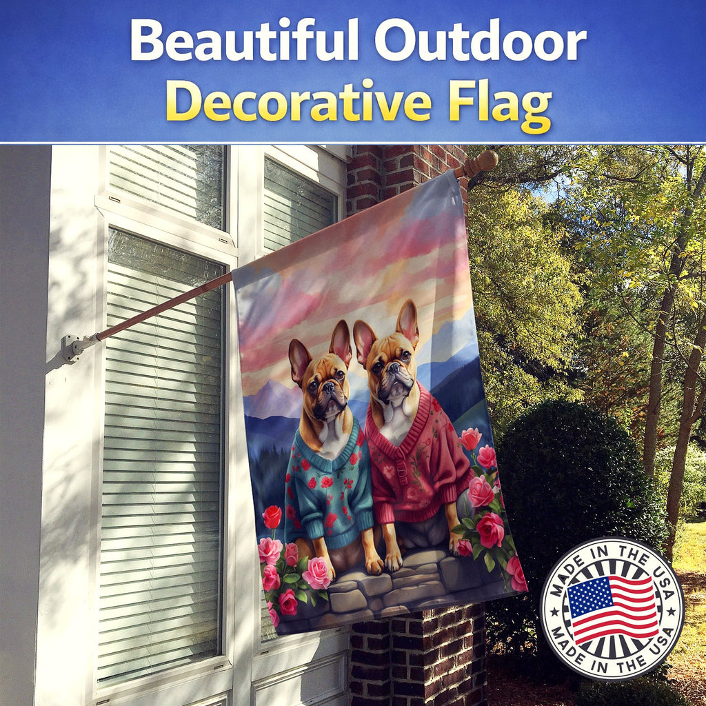 French Bulldog Two Hearts House Flag 28x40 Porch Sleeve Pole Decorative Outside Yard Banner Artwork Wall Hanging, Polyester