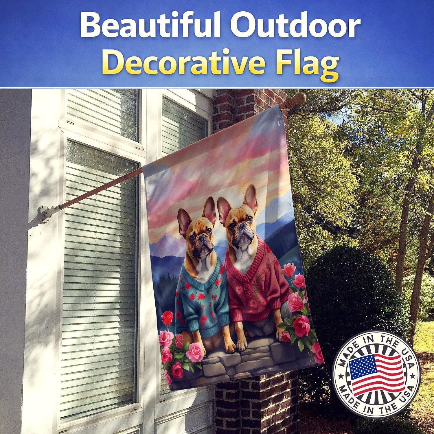 French Bulldog Two Hearts House Flag 28x40 Porch Sleeve Pole Decorative Outside Yard Banner Artwork Wall Hanging, Polyester