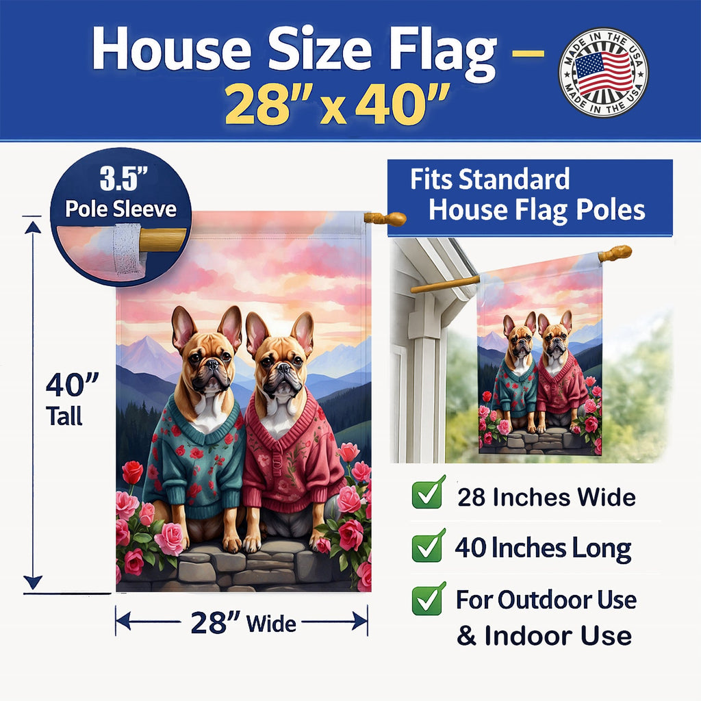 French Bulldog Two Hearts House Flag 28x40 Porch Sleeve Pole Decorative Outside Yard Banner Artwork Wall Hanging, Polyester