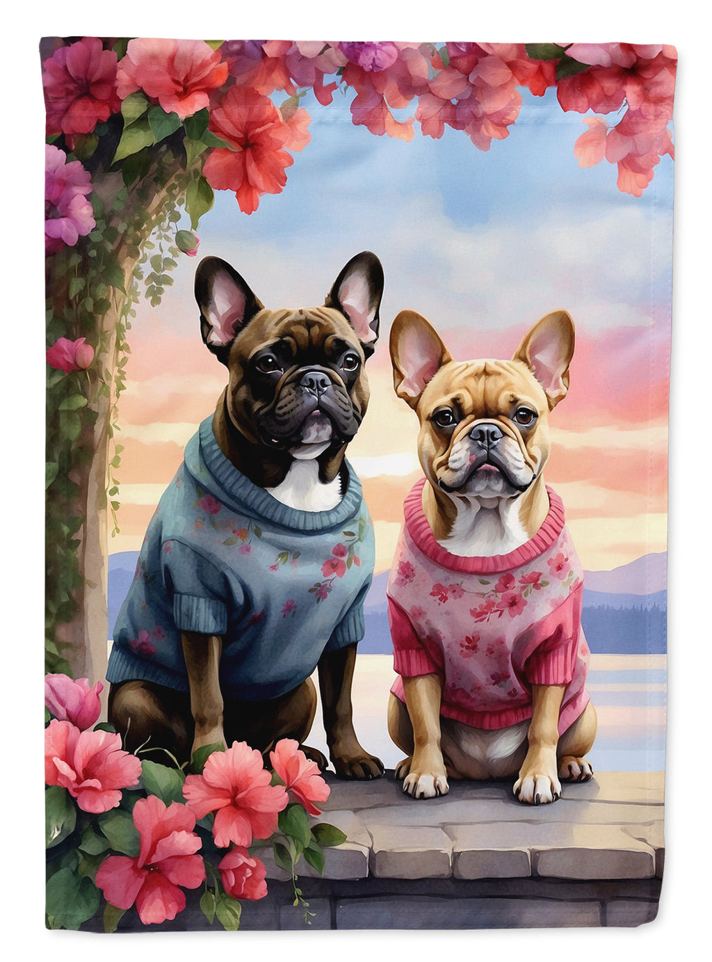 French Bulldog Two Hearts House Flag 28x40 Porch Sleeve Pole Decorative Outside Yard Banner Artwork Wall Hanging, Polyester