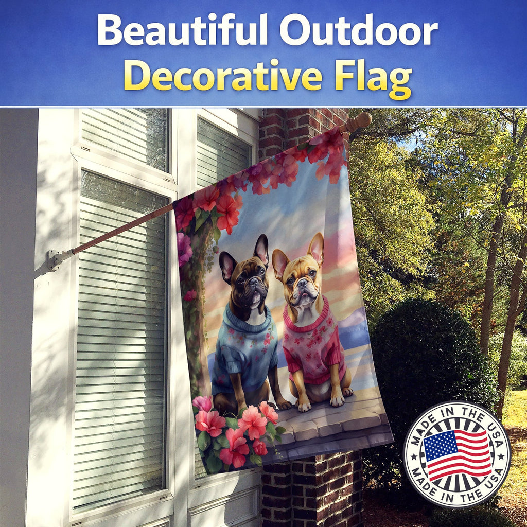 French Bulldog Two Hearts House Flag 28x40 Porch Sleeve Pole Decorative Outside Yard Banner Artwork Wall Hanging, Polyester