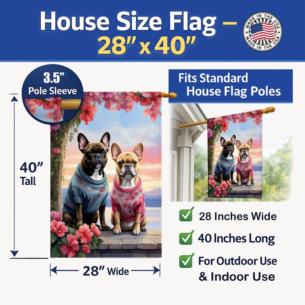French Bulldog Two Hearts House Flag 28x40 Porch Sleeve Pole Decorative Outside Yard Banner Artwork Wall Hanging, Polyester