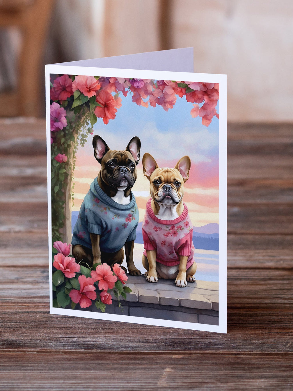 French Bulldog Two Hearts Greeting Cards Pack of 8 Blank Cards with Envelopes Whimsical A7 Size 5x7