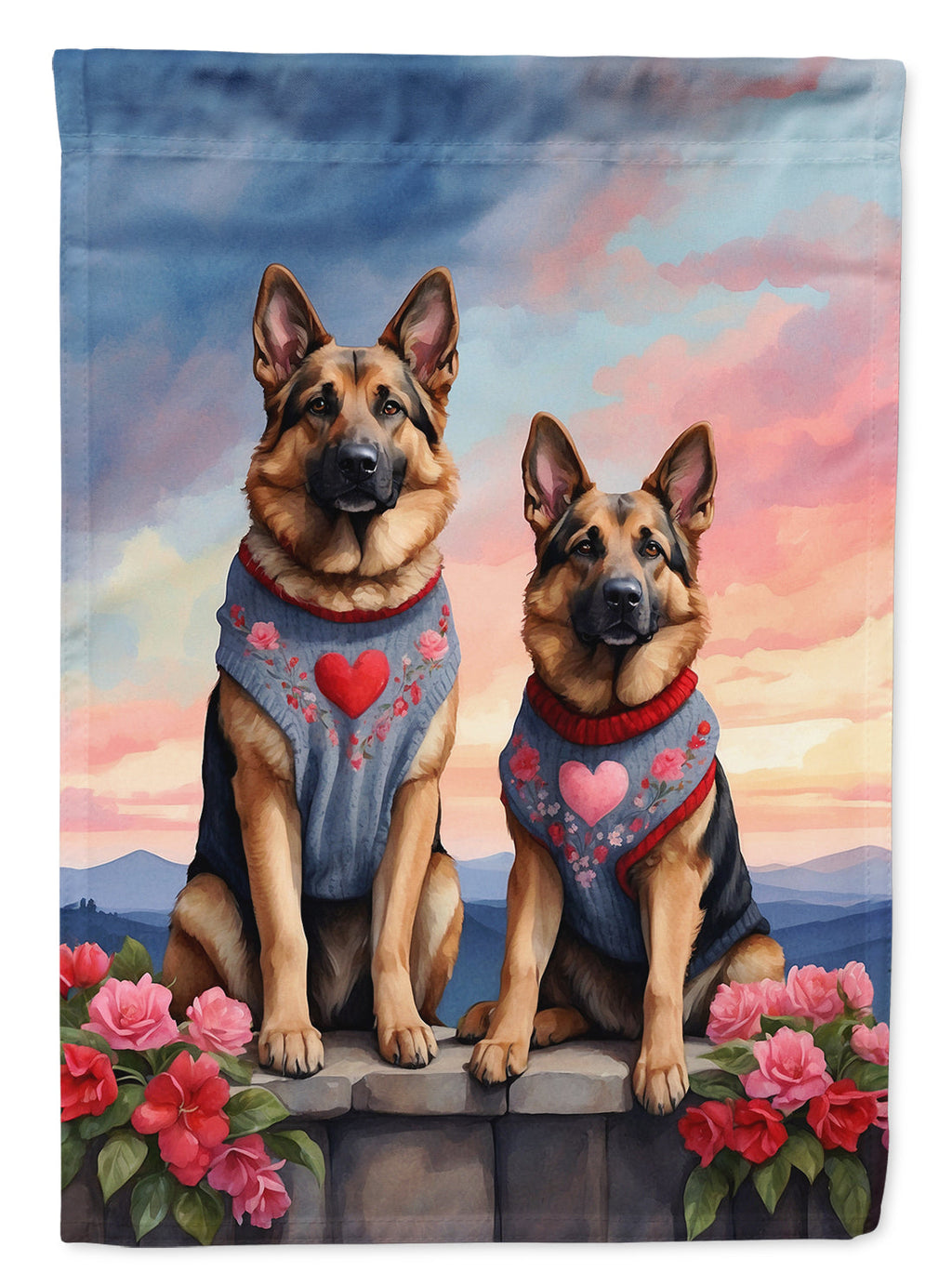 German Shepherd Two Hearts House Flag 28x40 Porch Sleeve Pole Decorative Outside Yard Banner Artwork Wall Hanging, Polyester