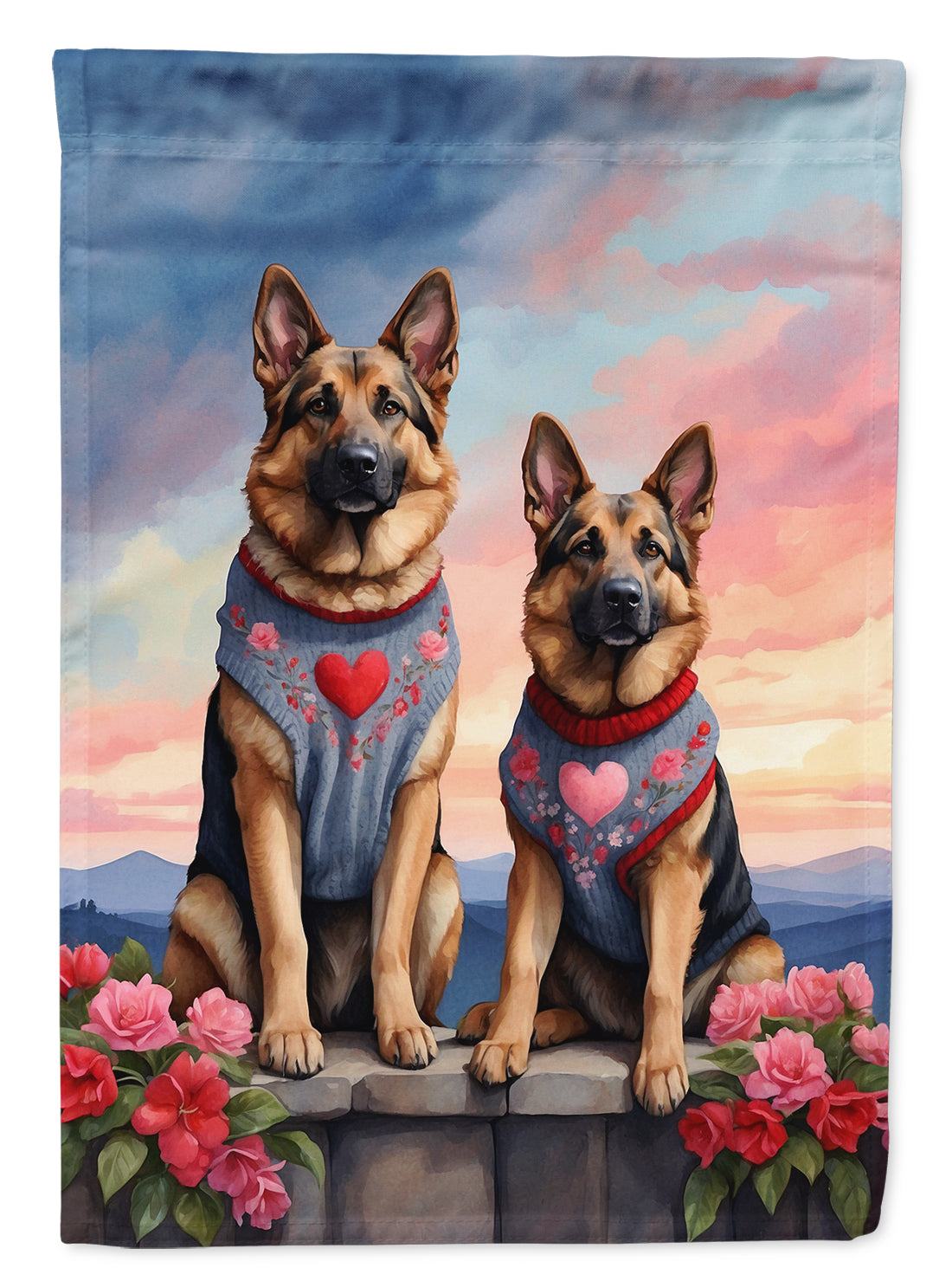 German Shepherd Two Hearts House Flag 28x40 Porch Sleeve Pole Decorative Outside Yard Banner Artwork Wall Hanging, Polyester