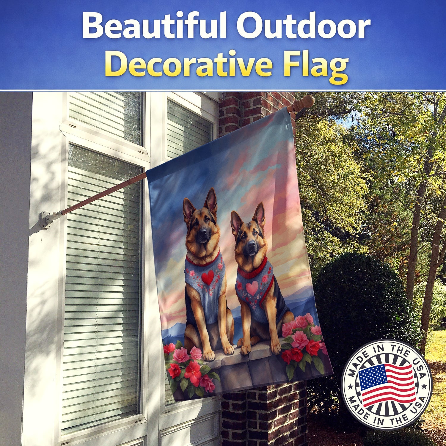 German Shepherd Two Hearts House Flag 28x40 Porch Sleeve Pole Decorative Outside Yard Banner Artwork Wall Hanging, Polyester