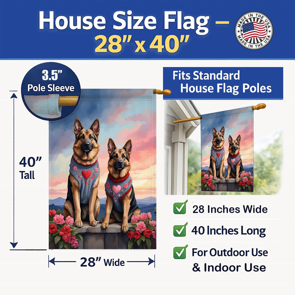 German Shepherd Two Hearts House Flag 28x40 Porch Sleeve Pole Decorative Outside Yard Banner Artwork Wall Hanging, Polyester